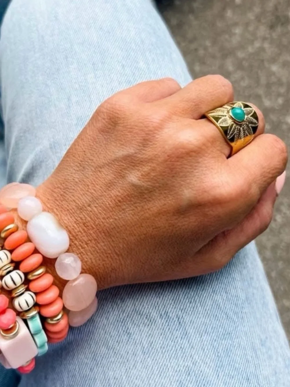 Plunder Design Ellie Gold Tone Faux Turquoise Statement Ring Adjustable NWOT
